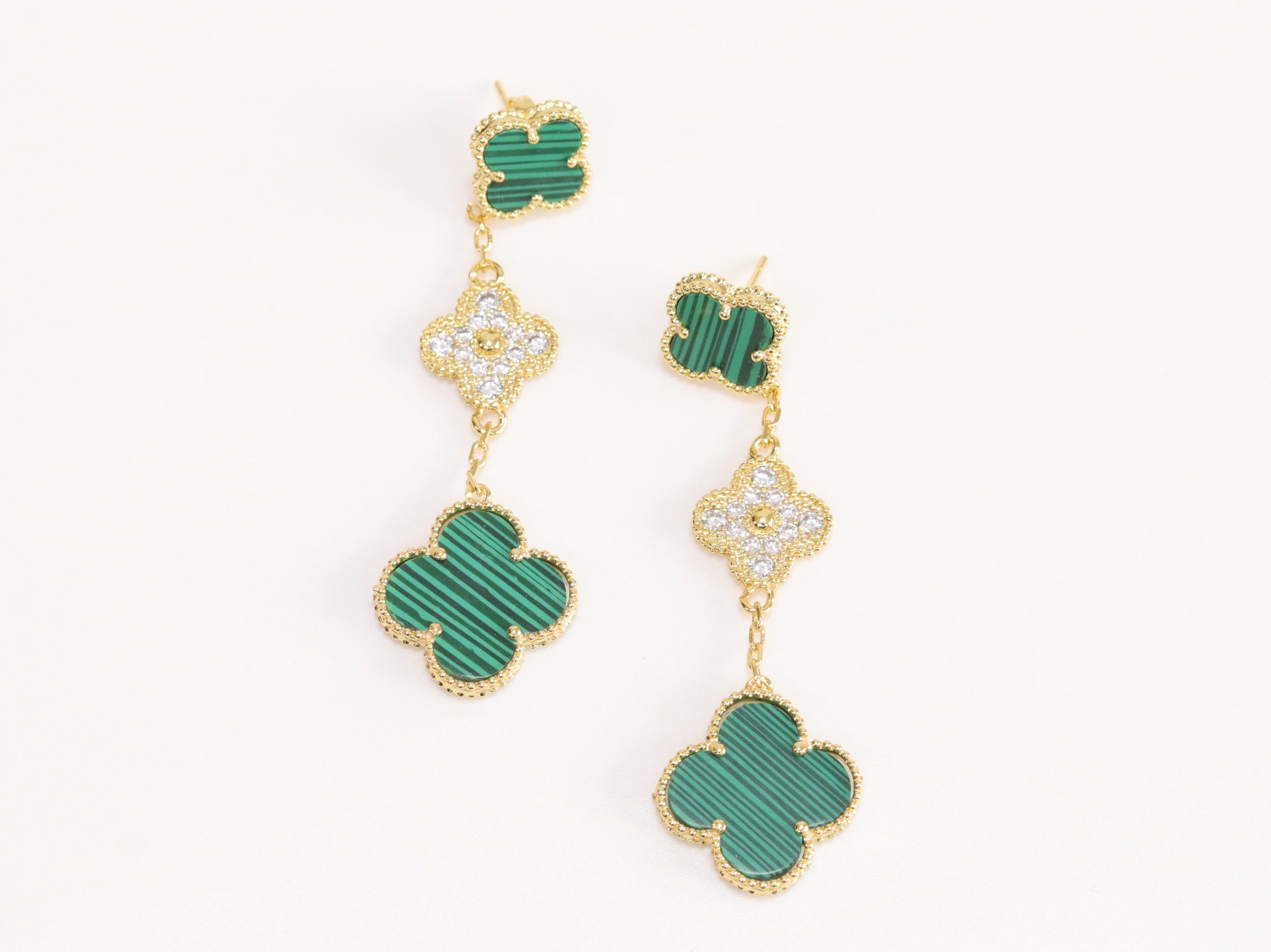 Green and gold cz long flower dangles - MOP / Clover / Malachite Design