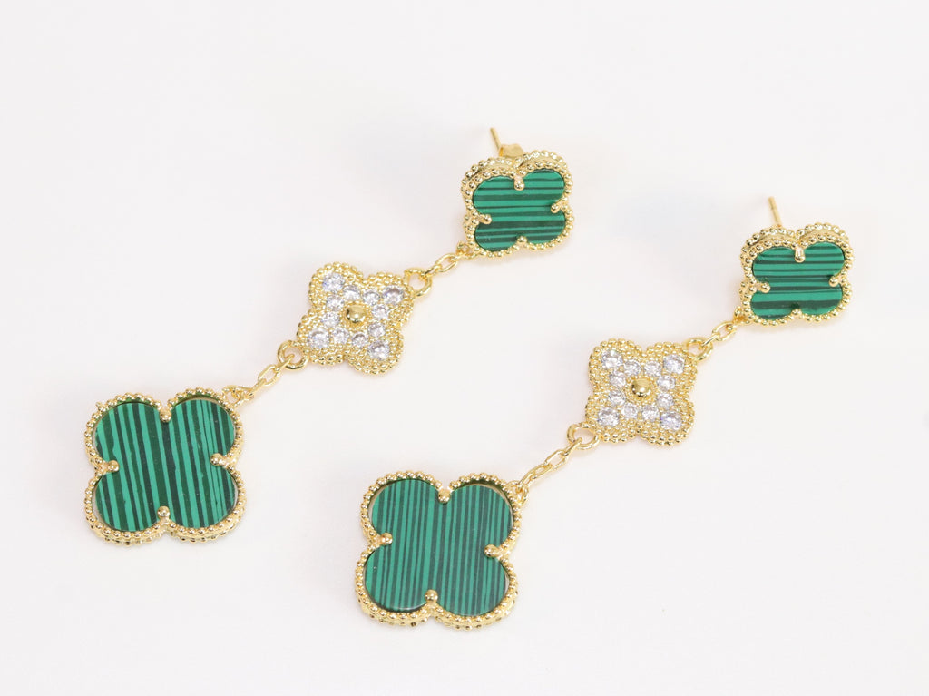 Green and gold cz long flower dangles - MOP / Clover / Malachite Design
