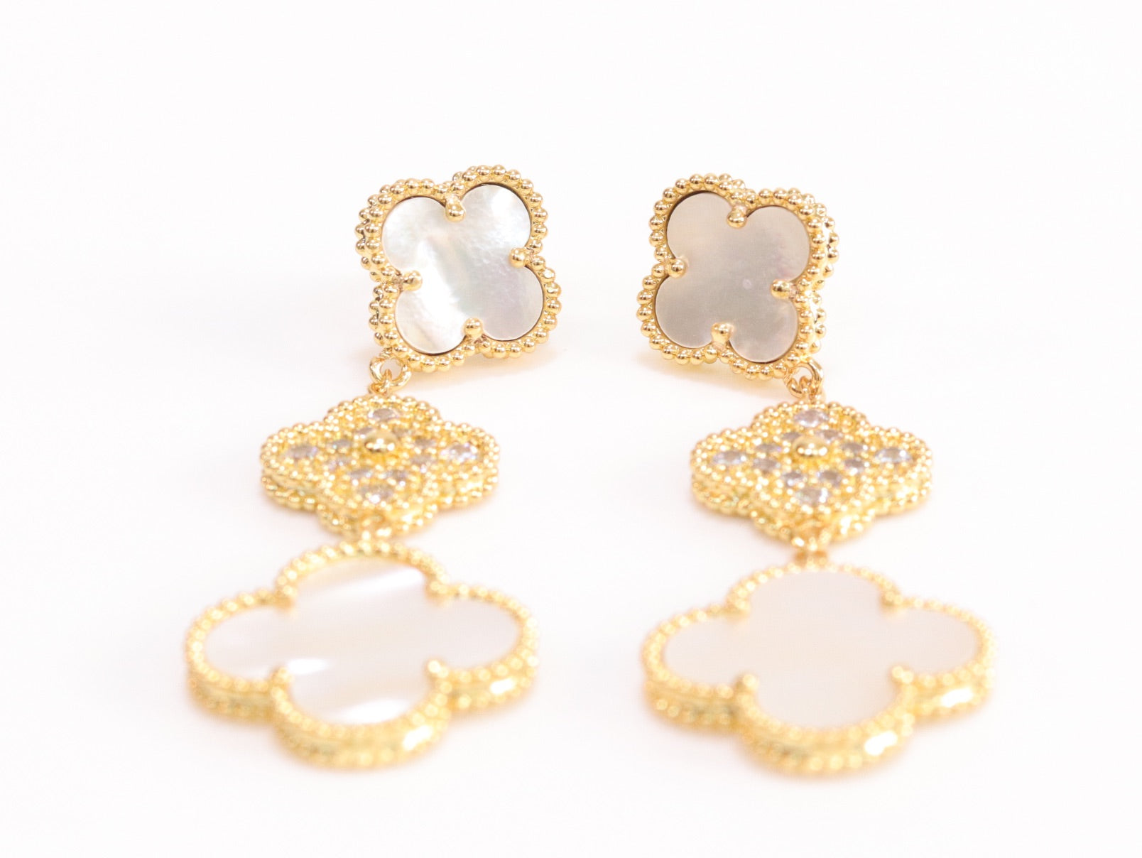 White and gold cz long flower dangles - MOP / clover Design