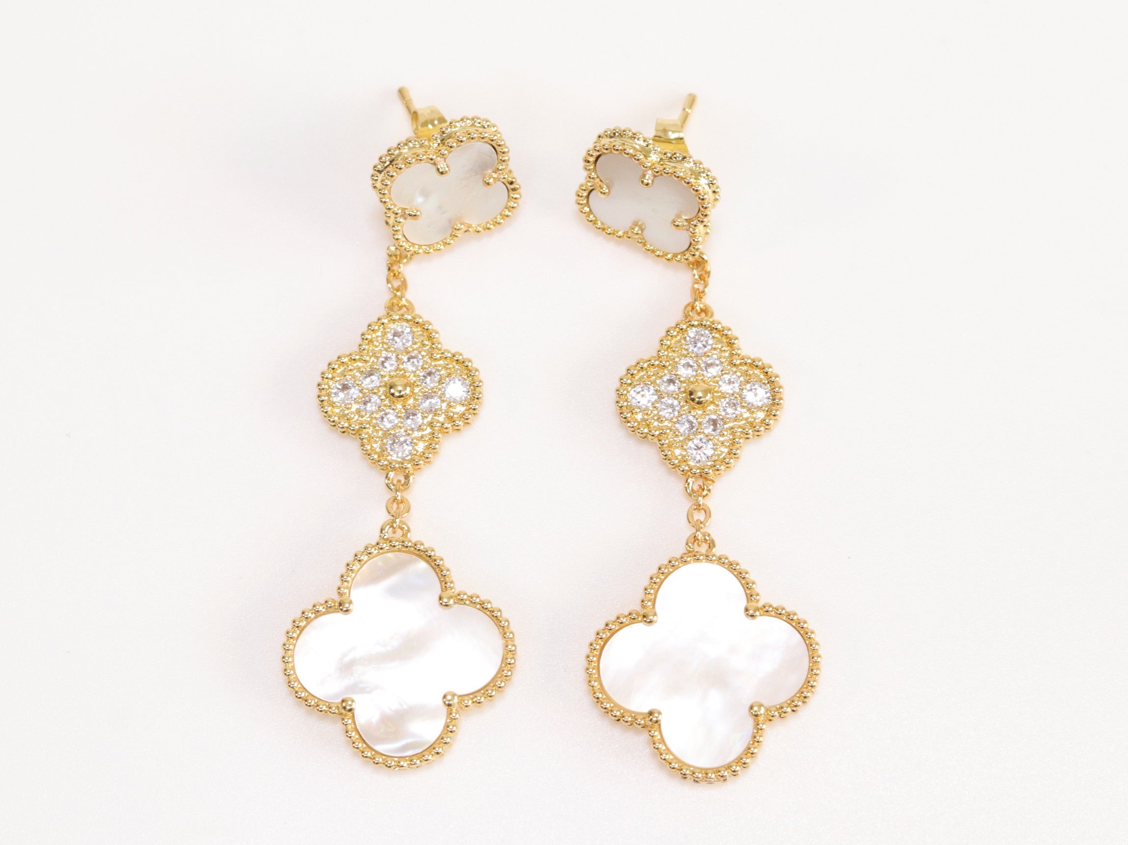 White and gold cz long flower dangles - MOP / clover Design