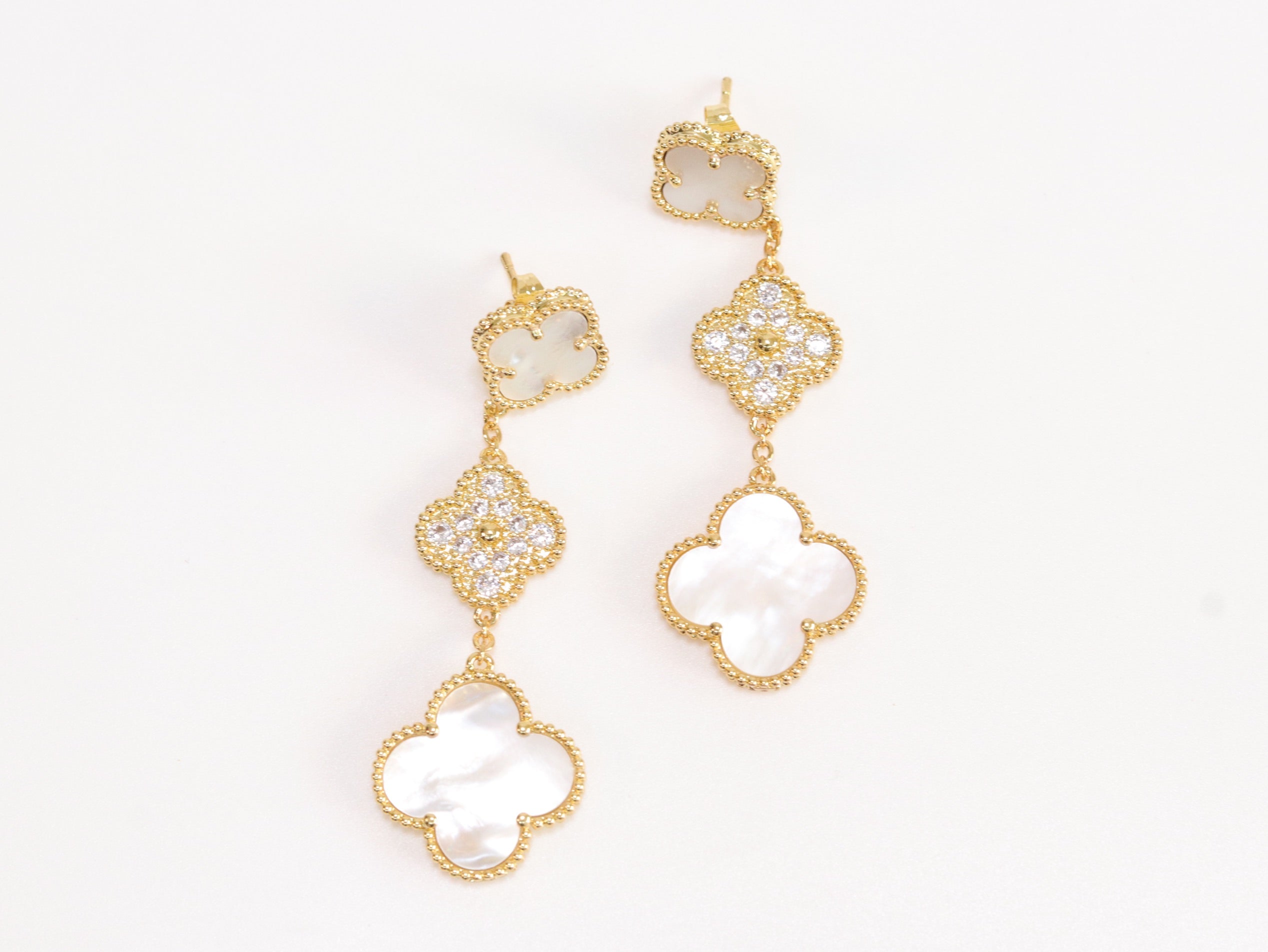 White and gold cz long flower dangles - MOP / clover Design