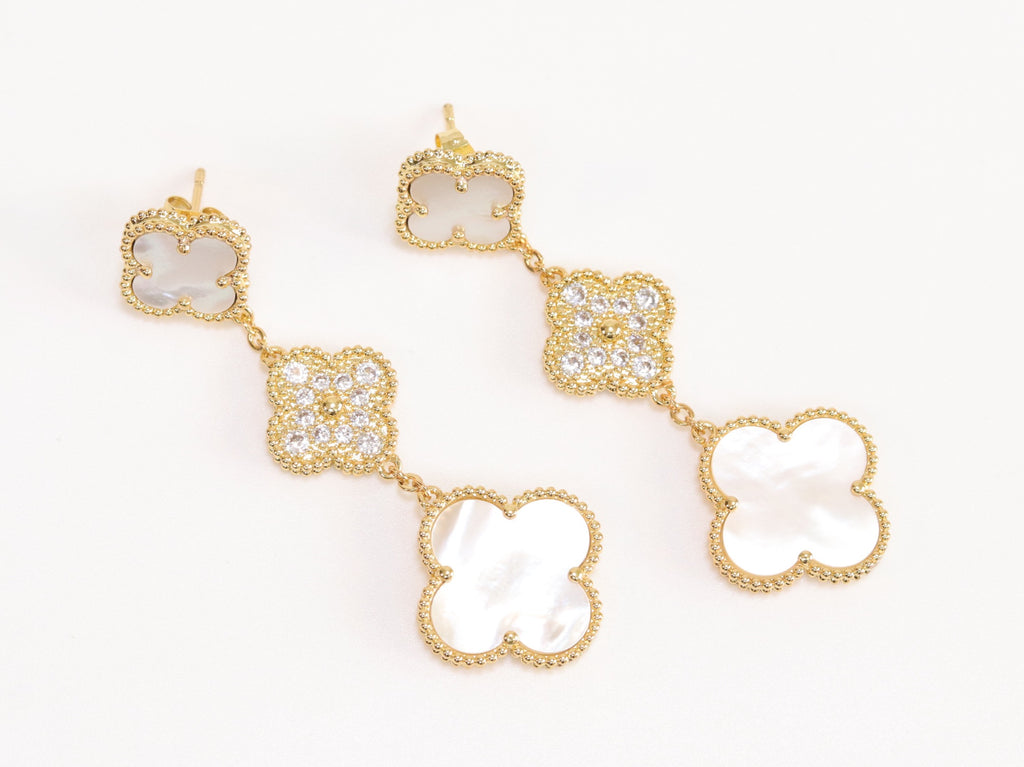 White and gold cz long flower dangles - MOP / clover Design