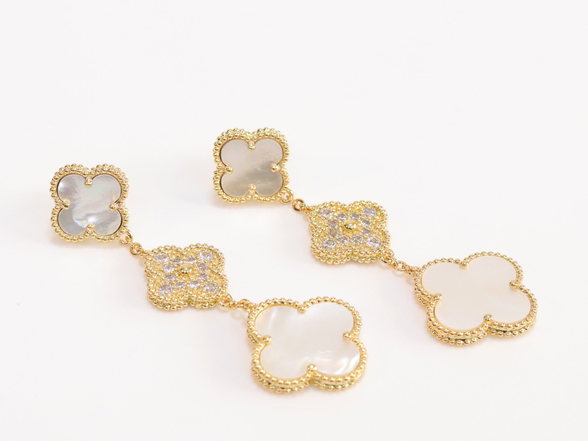 White and gold cz long flower dangles - MOP / clover Design