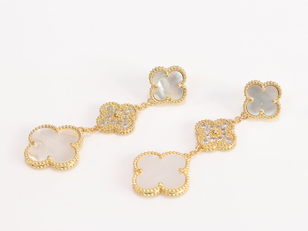White and gold cz long flower dangles - MOP / clover Design