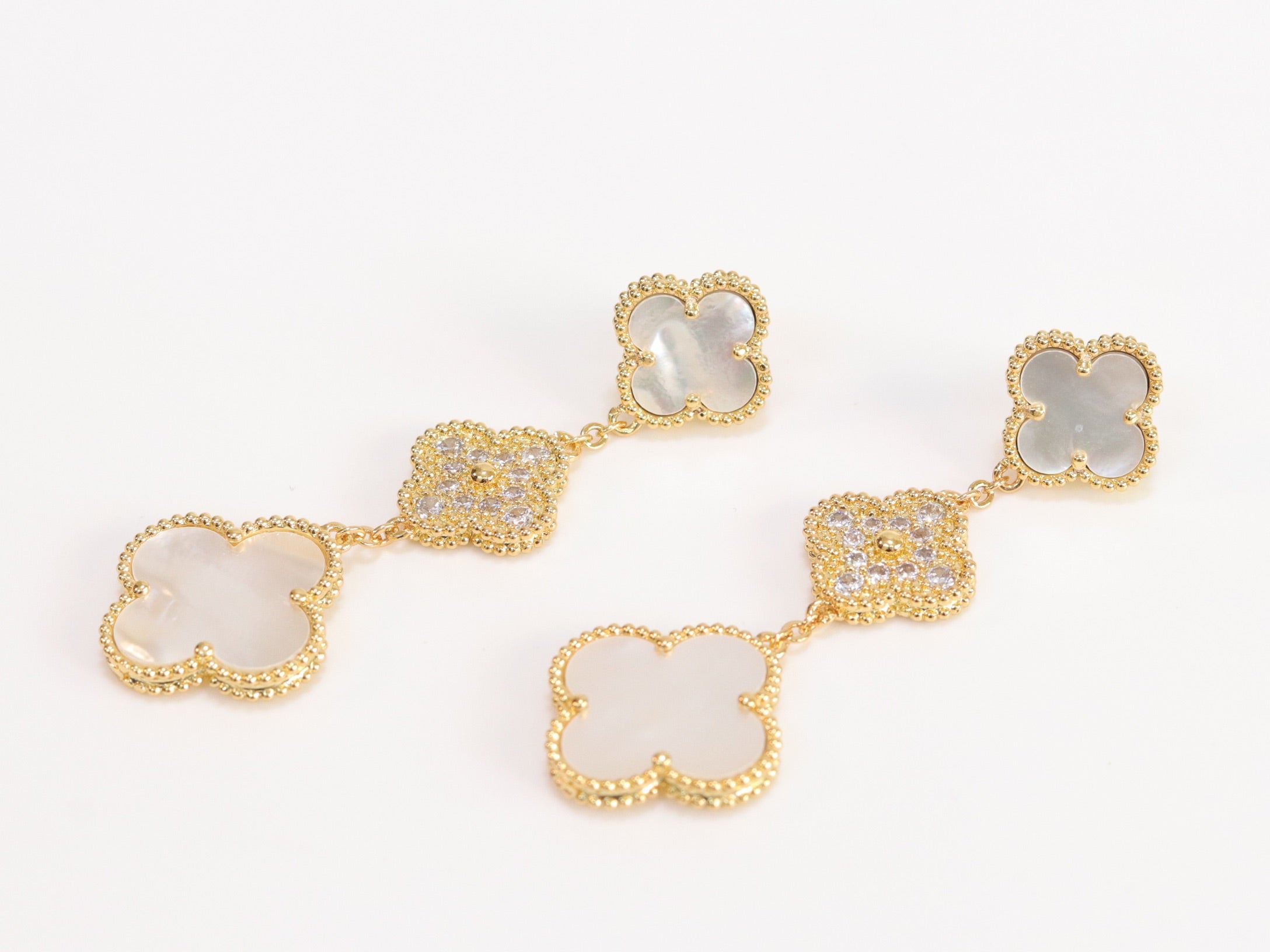 White and gold cz long flower dangles - MOP / clover Design
