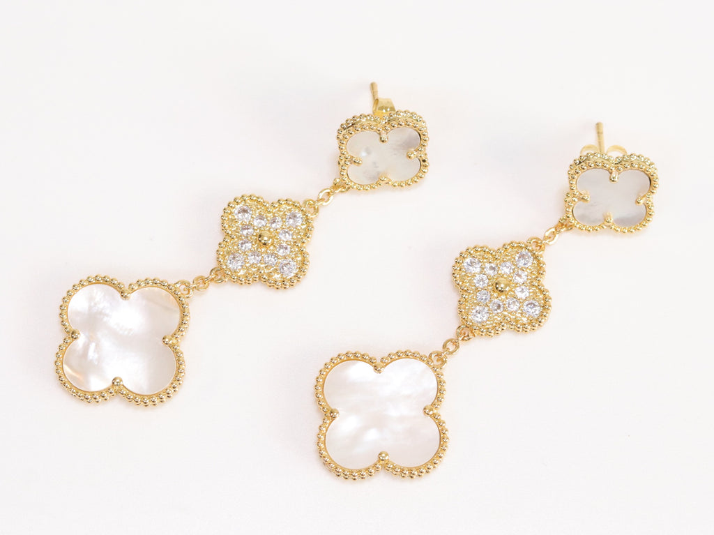 White and gold cz long flower dangles - MOP / clover Design