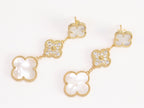 White and gold cz long flower dangles - MOP / clover Design