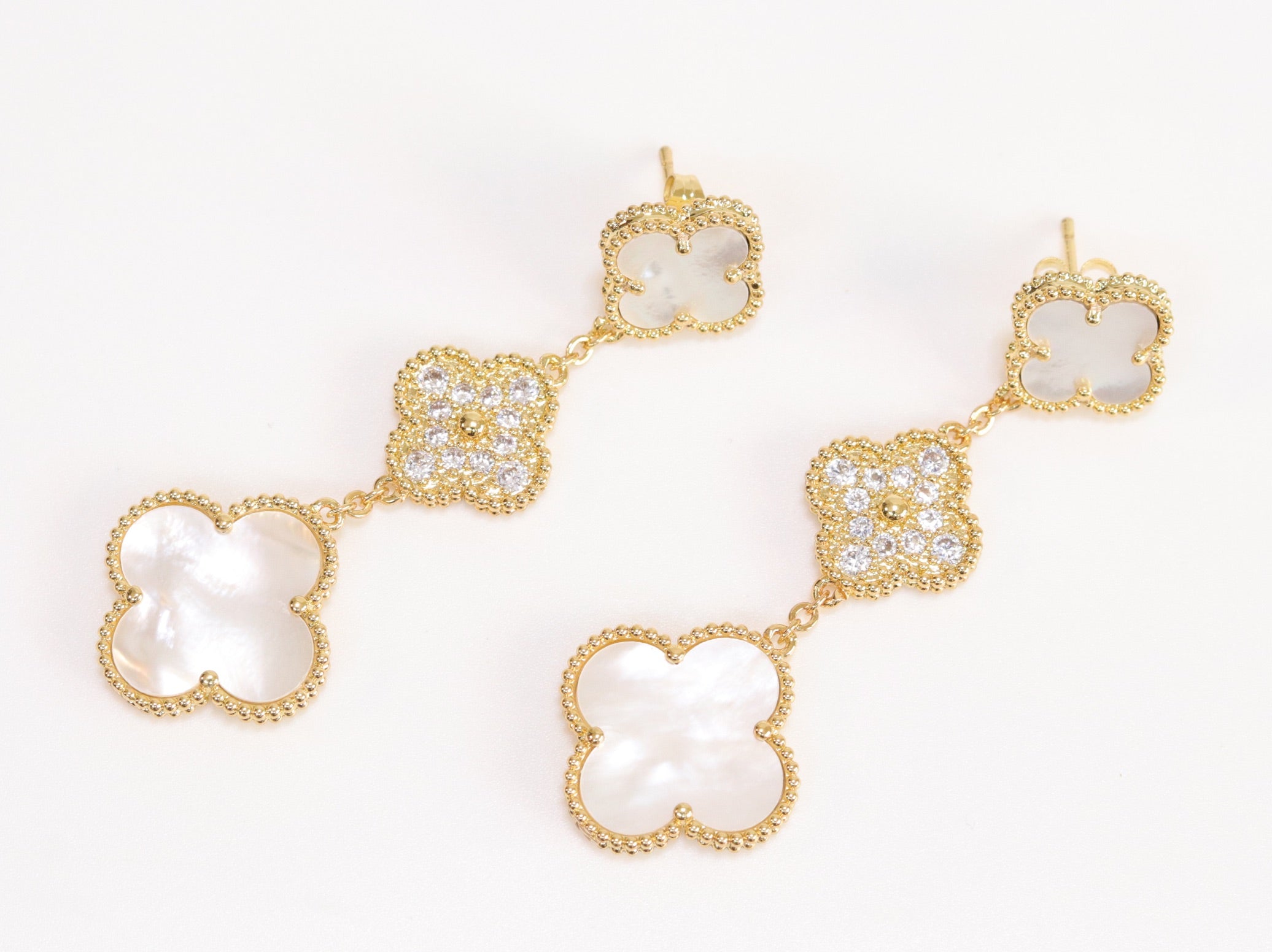 White and gold cz long flower dangles - MOP / clover Design