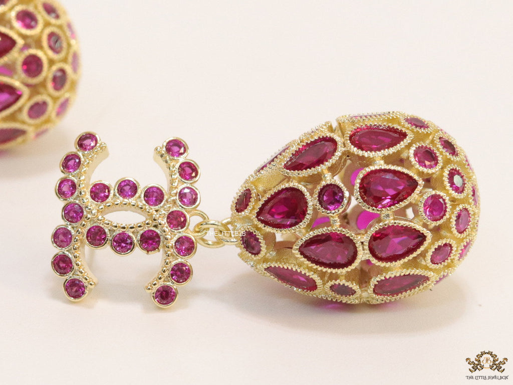 Golden twin C  red cz earrings with fancy cz lobe shape drops