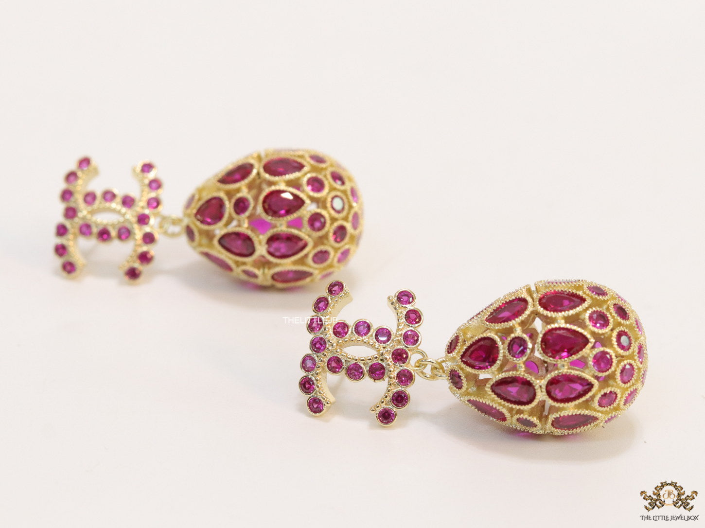 Golden twin C  red cz earrings with fancy cz lobe shape drops