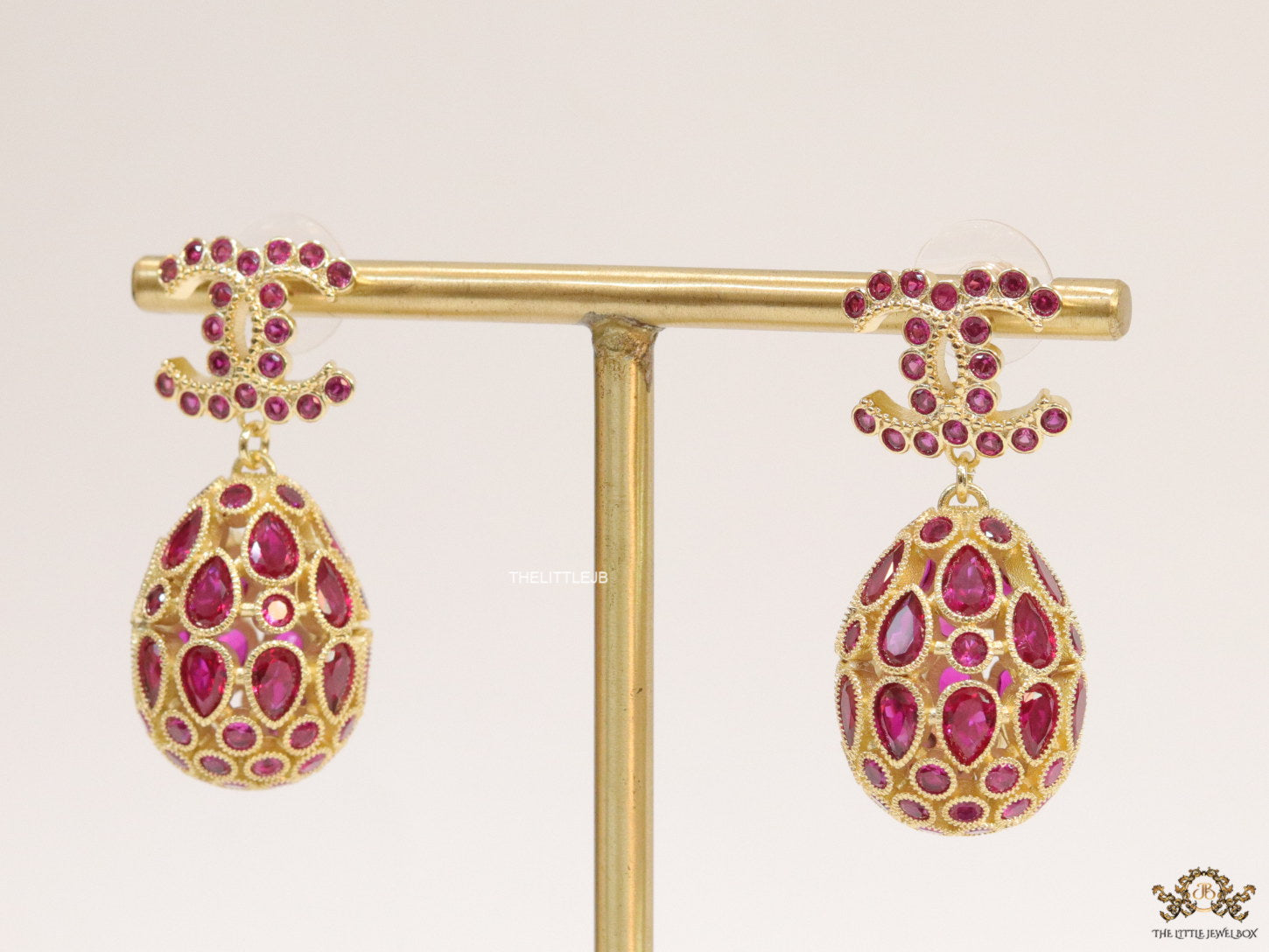 Golden twin C  red cz earrings with fancy cz lobe shape drops