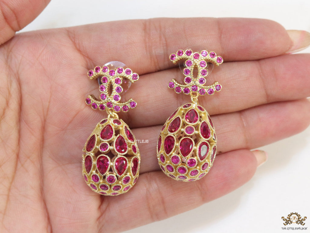 Golden twin C  red cz earrings with fancy cz lobe shape drops