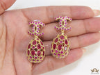 Golden twin C  red cz earrings with fancy cz lobe shape drops