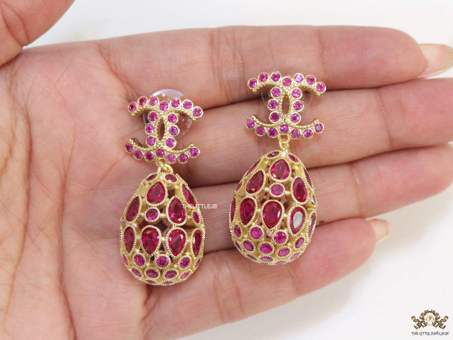 Golden twin C  red cz earrings with fancy cz lobe shape drops