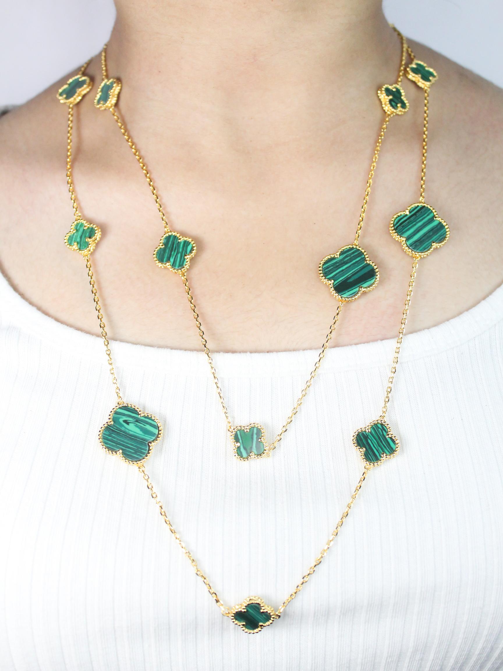 Alphabet VC green malachite clover long chain necklace 48 inches