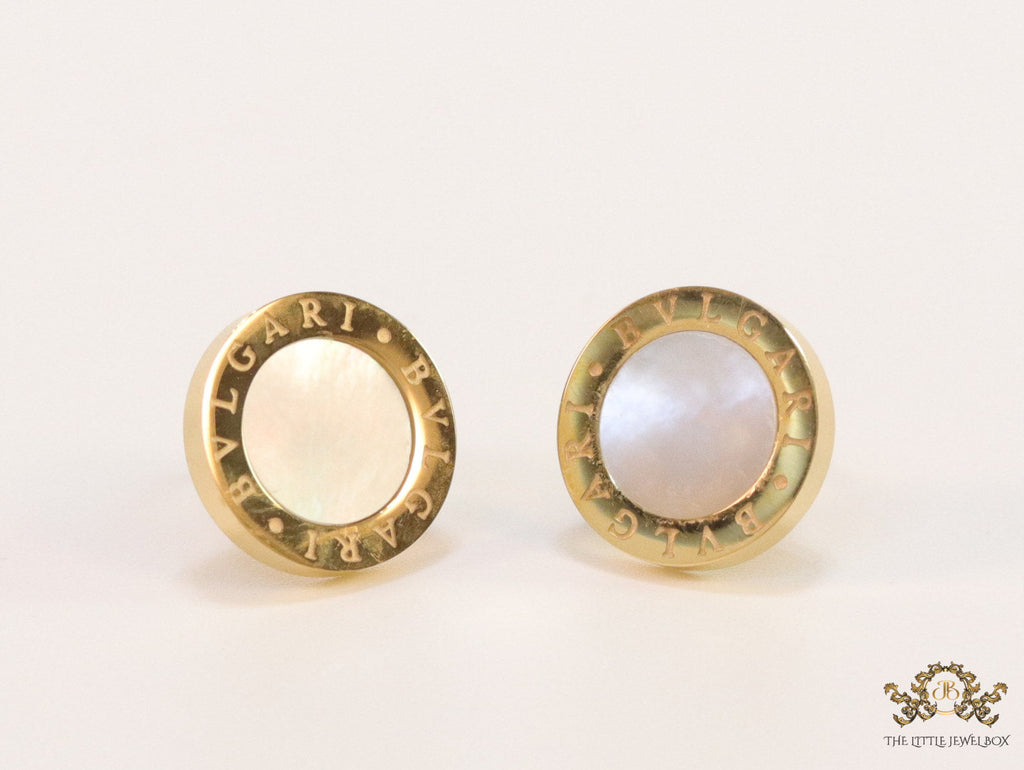 Alphabet inscribed golden stud earrings with MOP