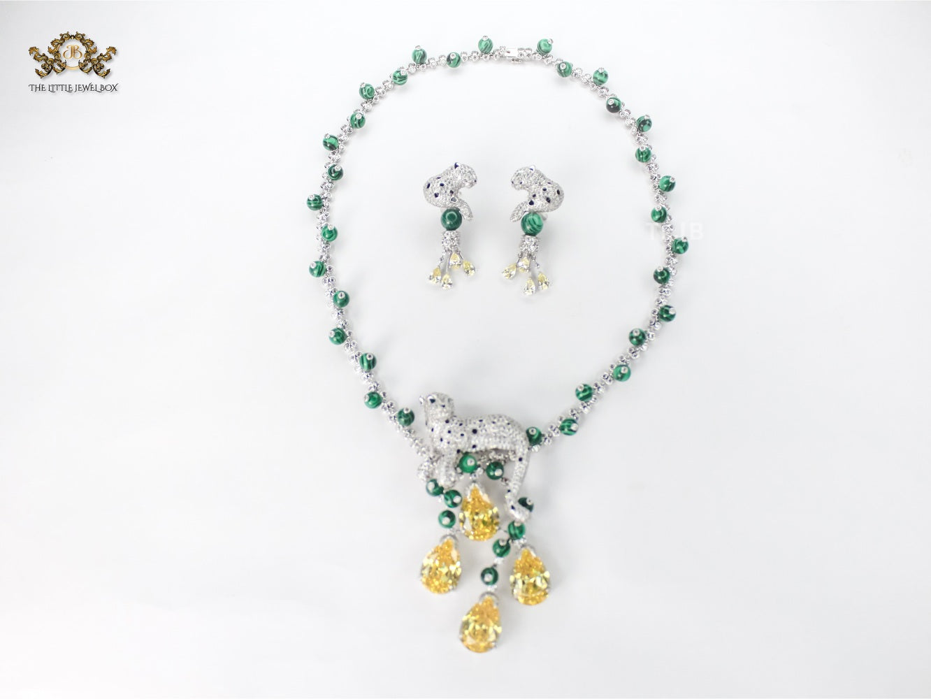 Emerald Vine Necklace with yellow topaz and panther motif in cz