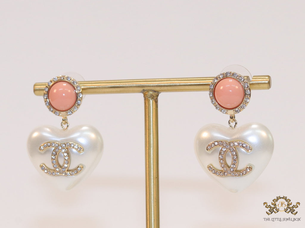 Heart shaped pearl and cz earrings with twin C motif