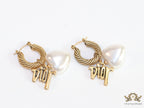 Golden hoops with alphabets and pearl drop