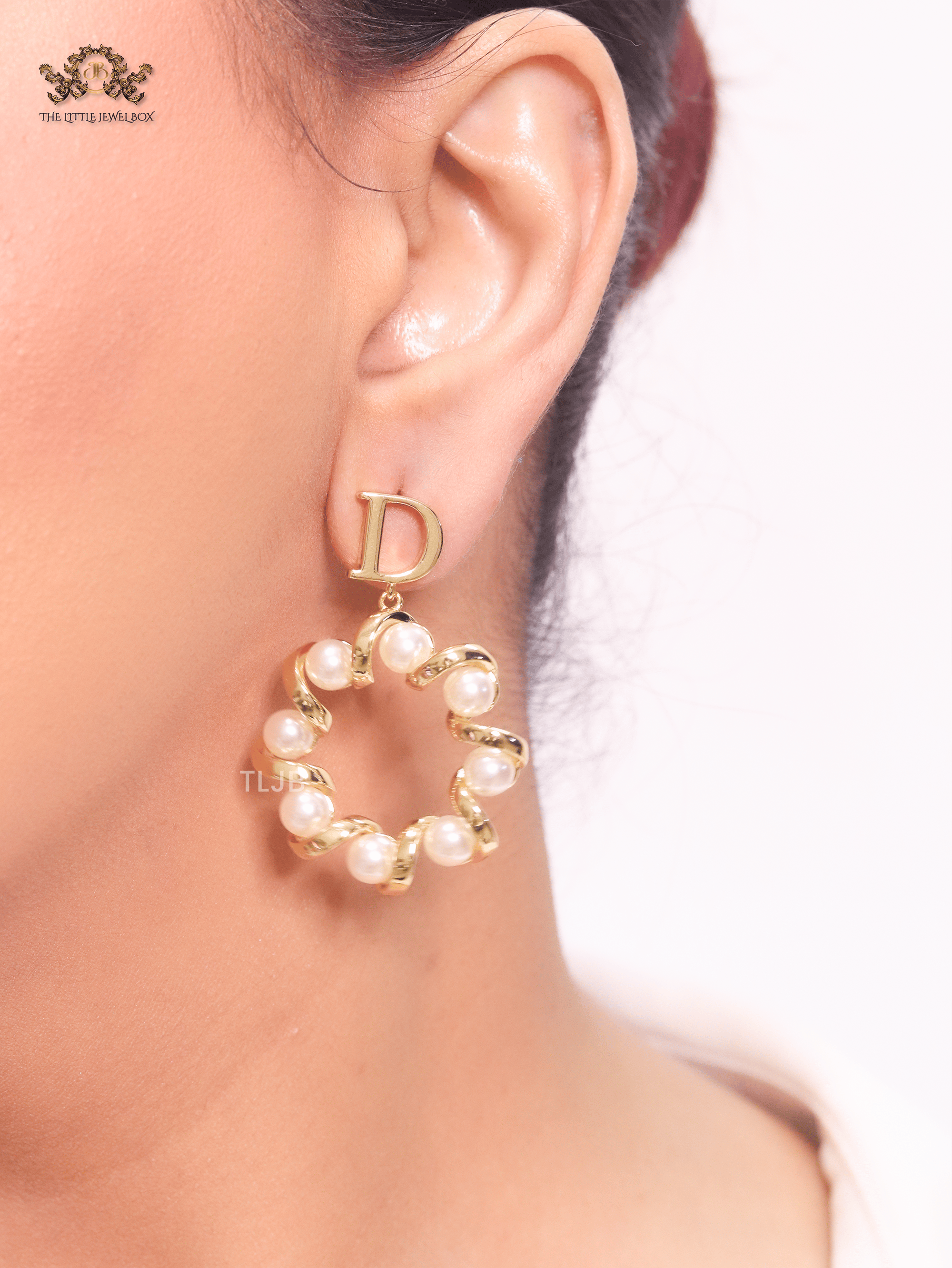 Alphabet D Dangling Pearl Studs