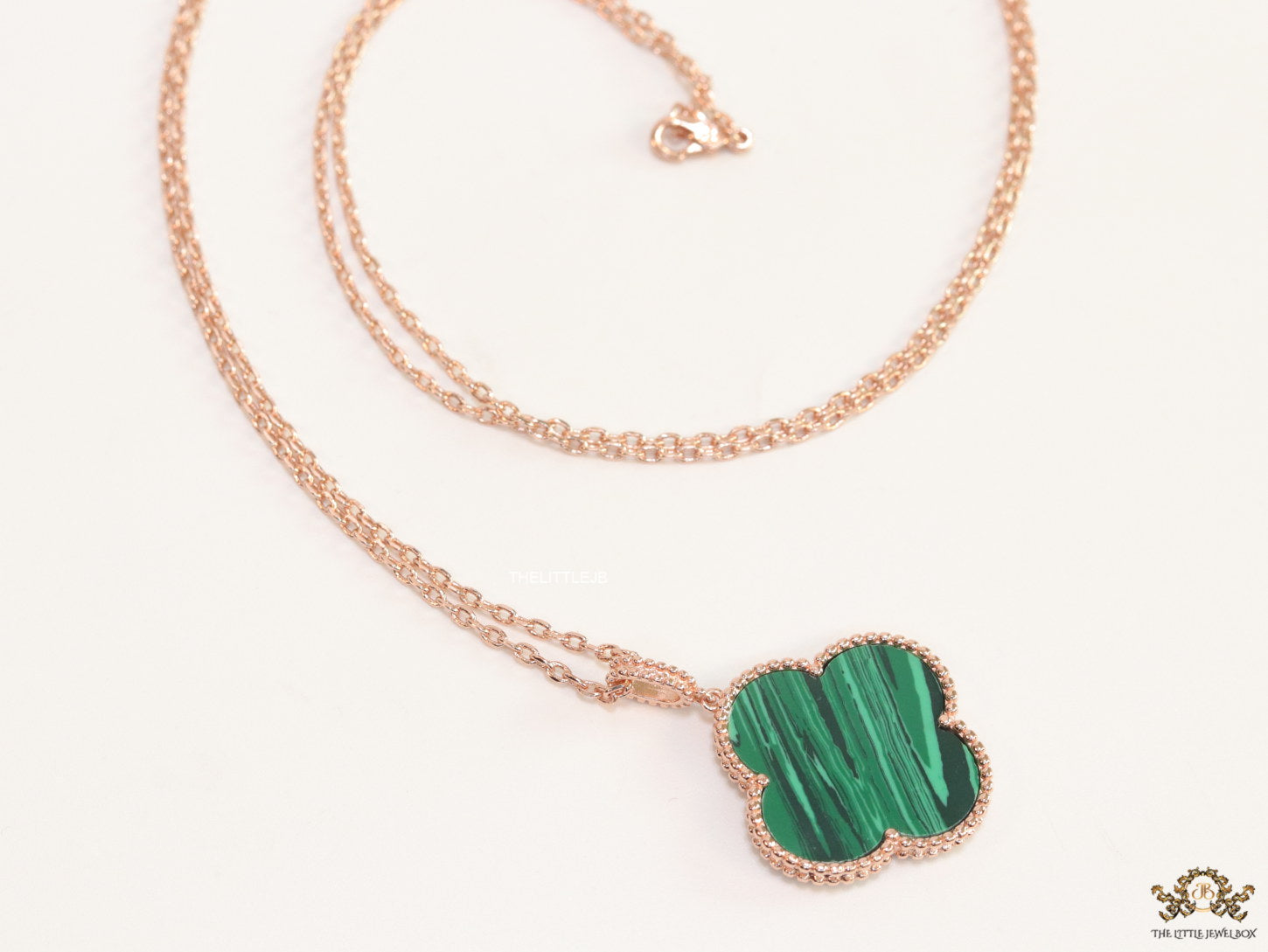 Malachite green clover pendant in rose gold plated chain