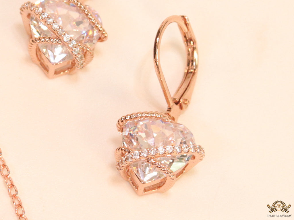 Rose gold chain necklace with heart shape fancy cz pendant and earrings