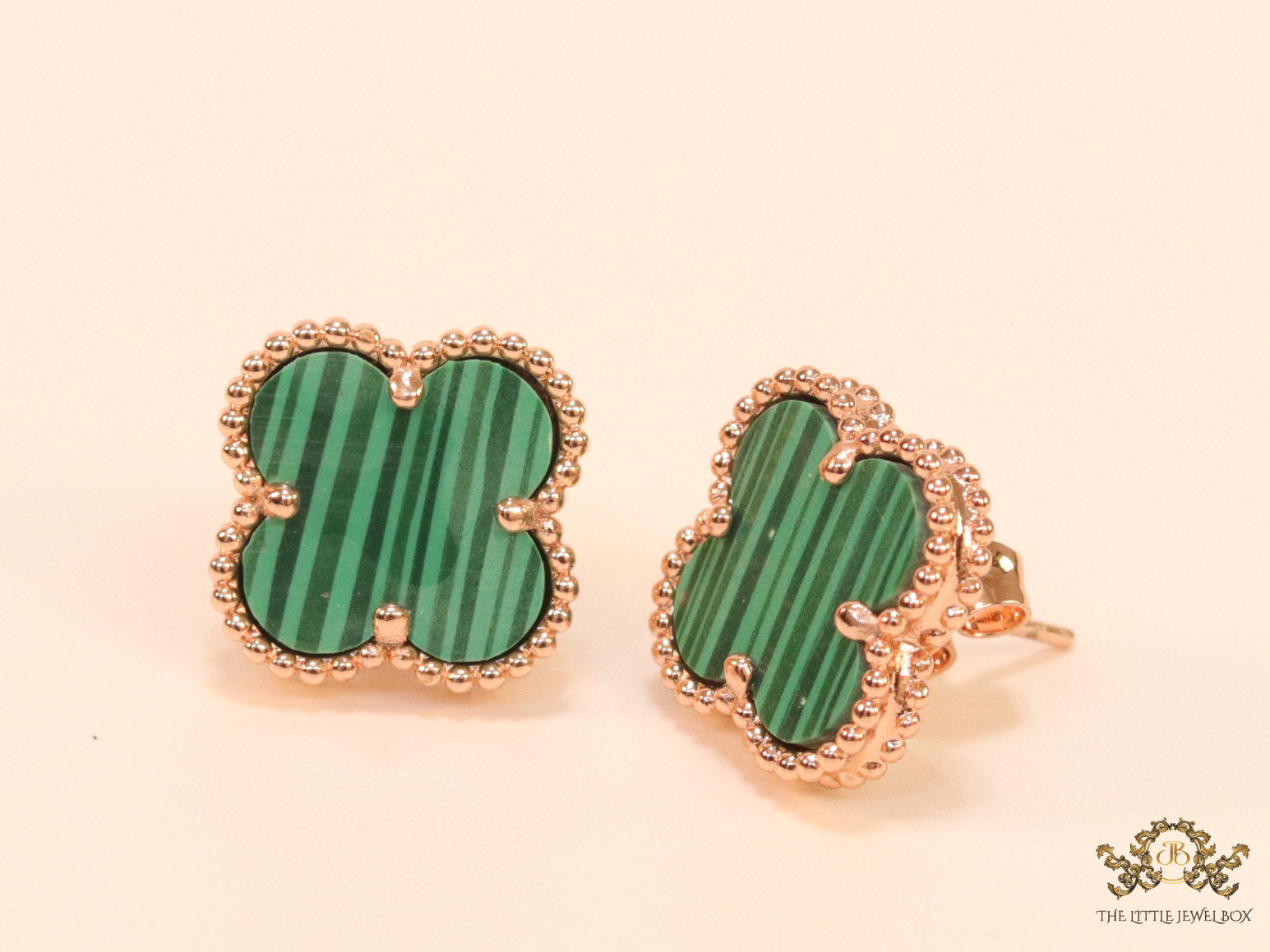 Malachite green clover stud earrings in rose gold finish