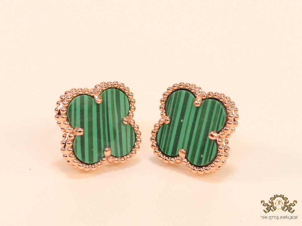 Malachite green clover stud earrings in rose gold finish
