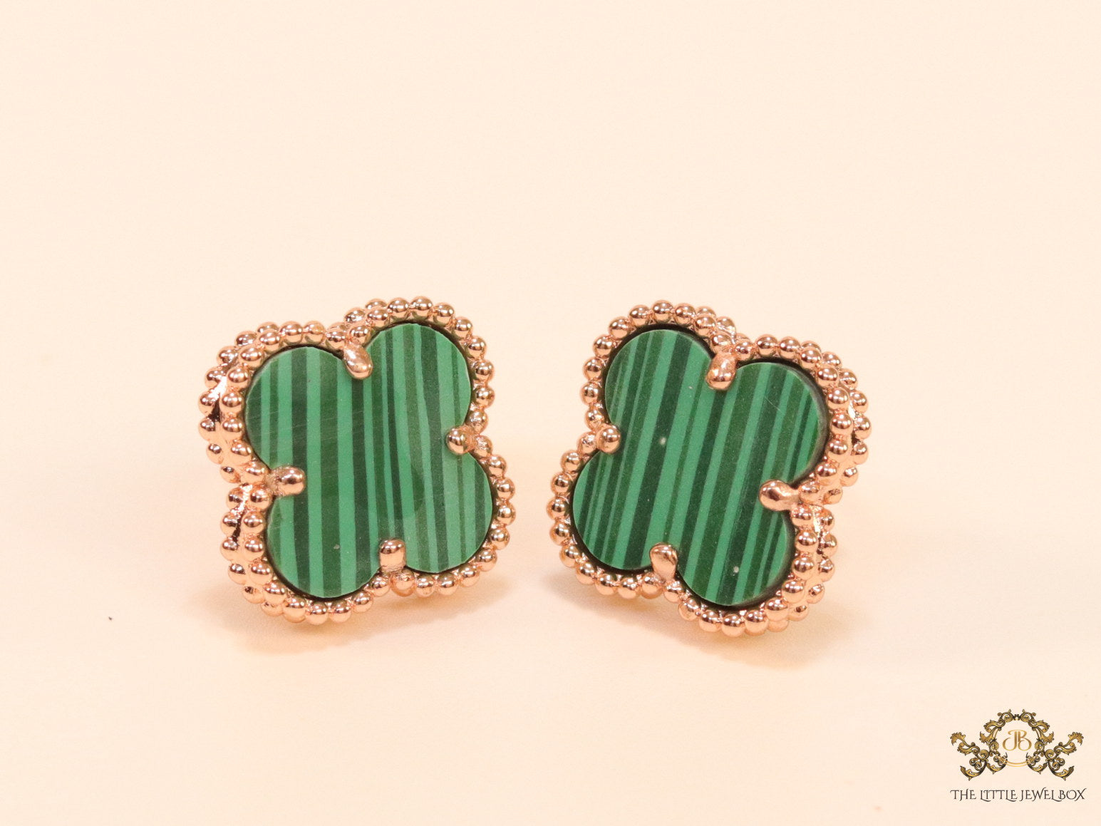 Malachite green clover stud earrings in rose gold finish