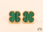 Malachite green clover stud earrings in gold finish