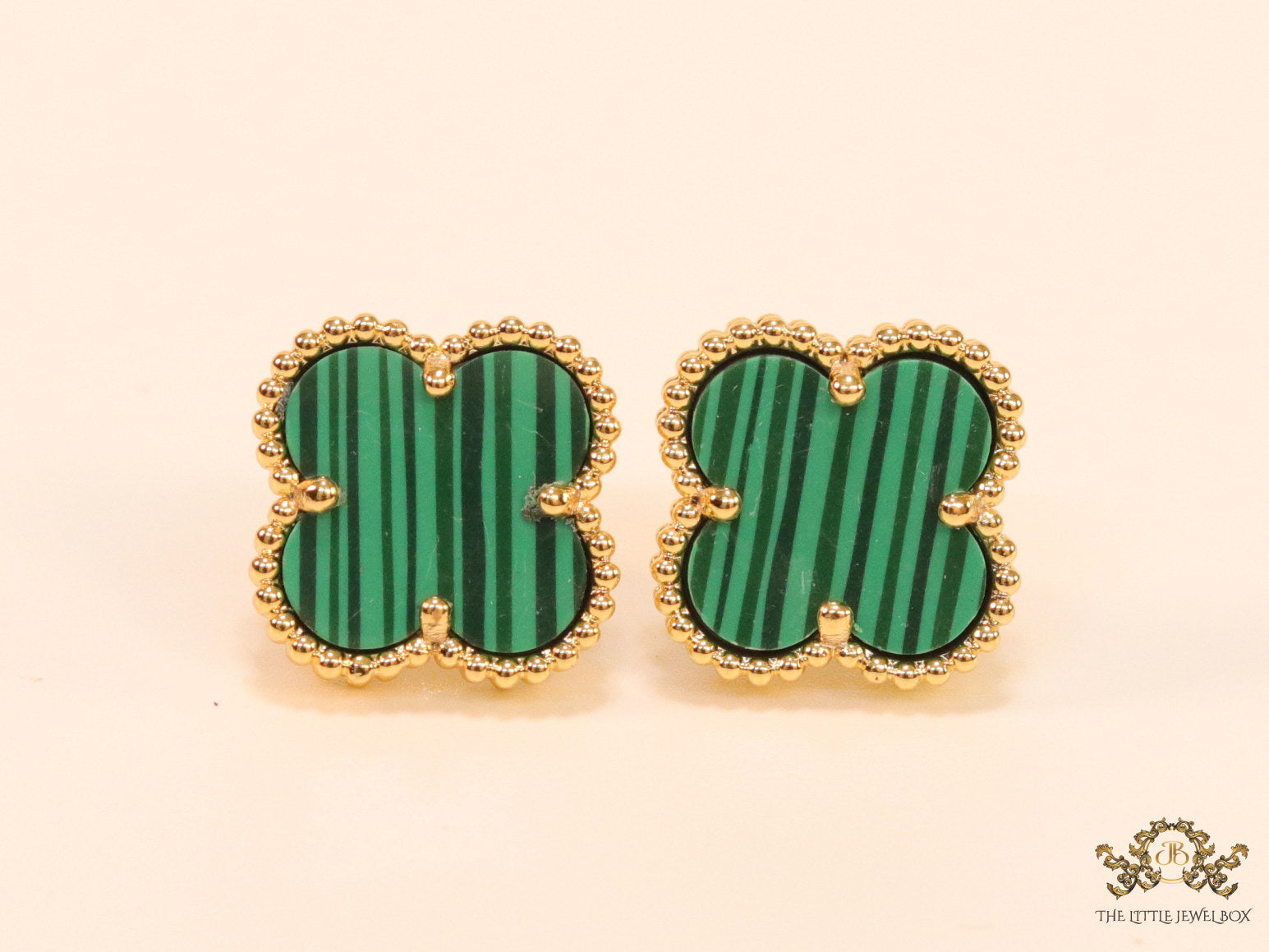 Malachite green clover stud earrings in gold finish