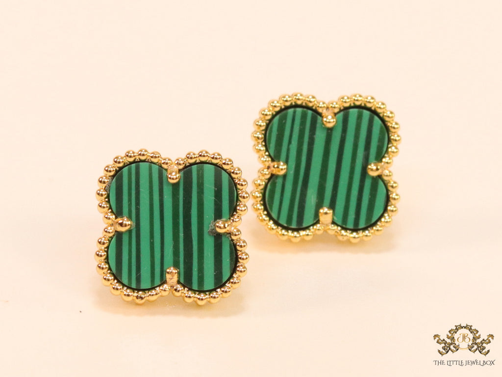 Malachite green clover stud earrings in gold finish