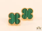 Malachite green clover stud earrings in gold finish