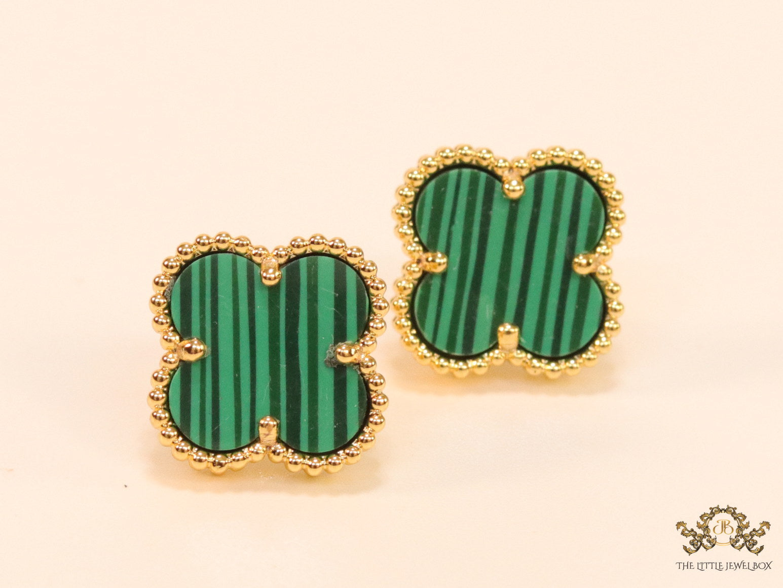Malachite green clover stud earrings in gold finish