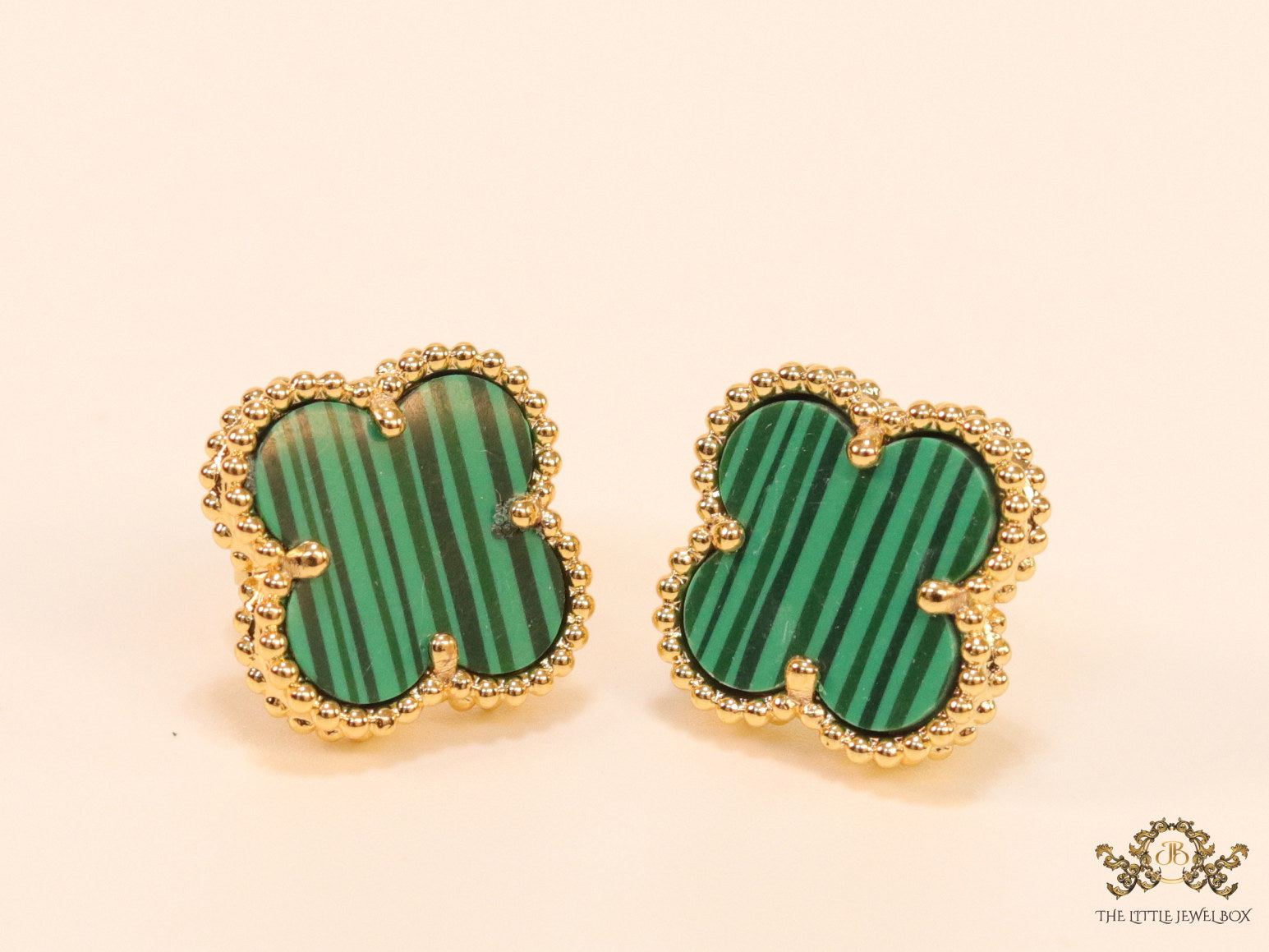Malachite green clover stud earrings in gold finish