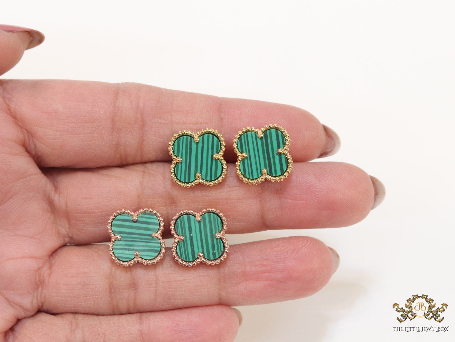 Malachite green clover stud earrings in rose gold finish
