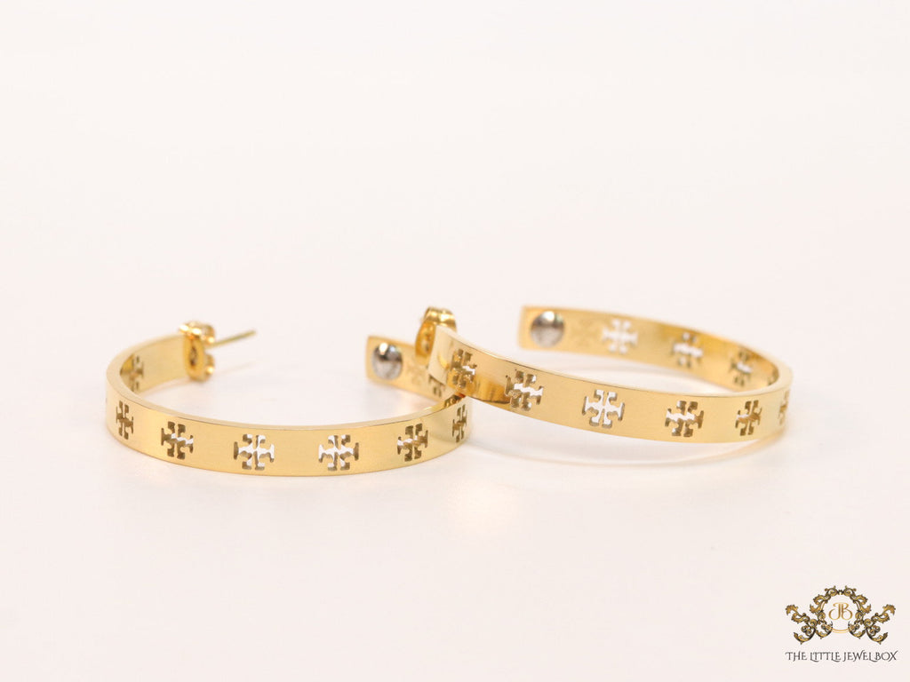 Gold plated hoop earrings with double T motifs 38 mm