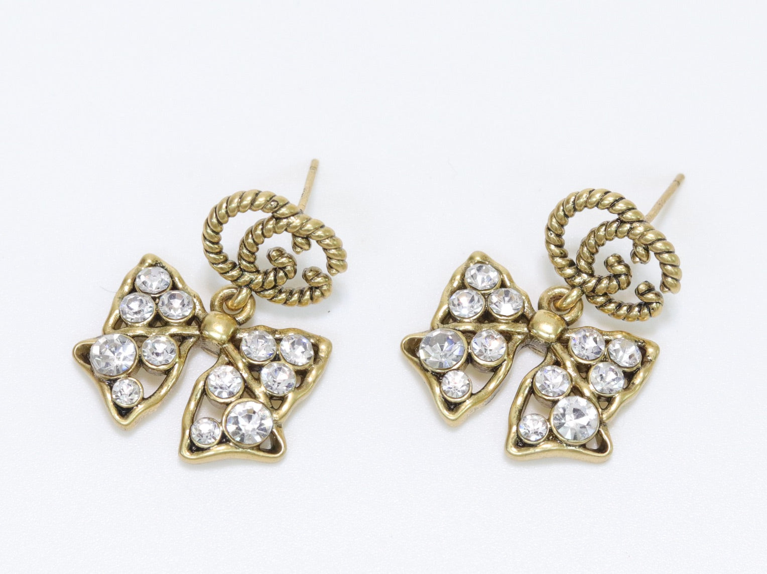 Double G rustic bow dangles with CZ