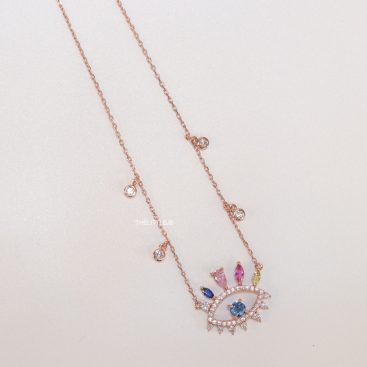 Rose gold plated chain cz evil eye necklace with multi colored stones