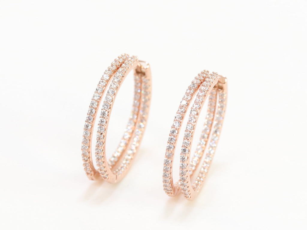 Double layered hoops with CZ in rose gold finish
