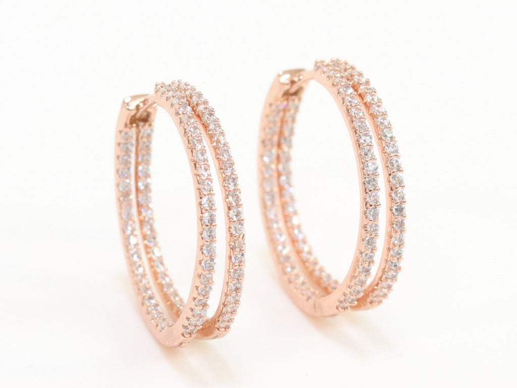 Double layered hoops with CZ in rose gold finish