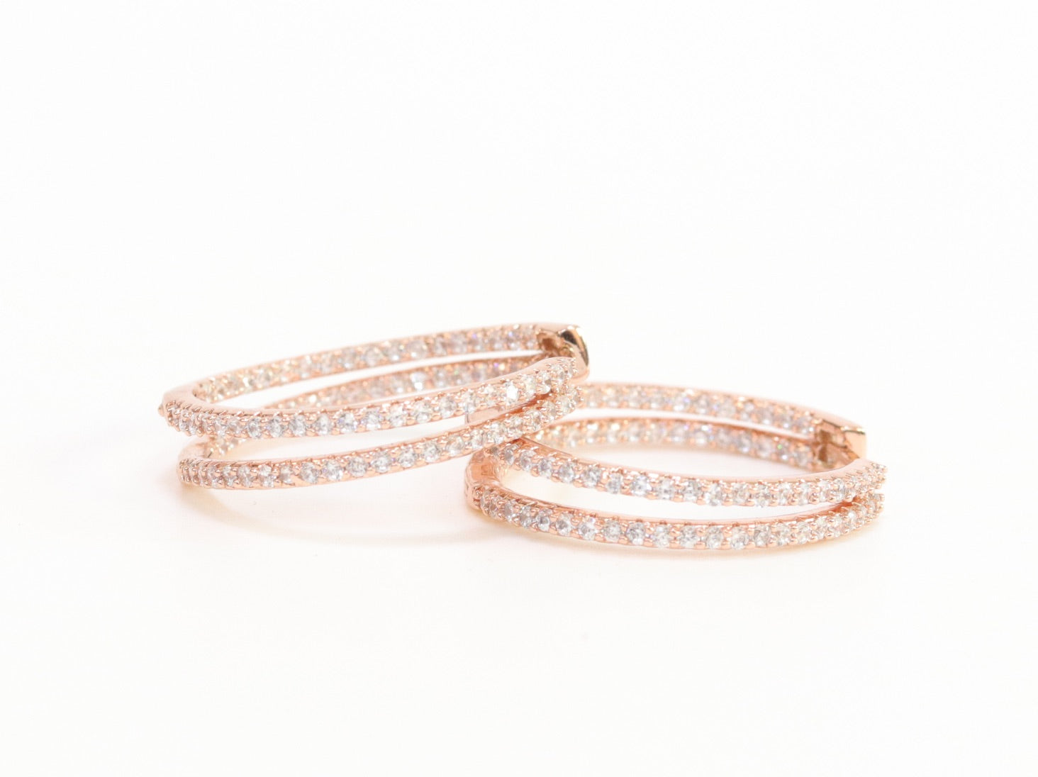 Double layered hoops with CZ in rose gold finish