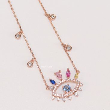 Rose gold plated chain cz evil eye necklace with multi colored stones