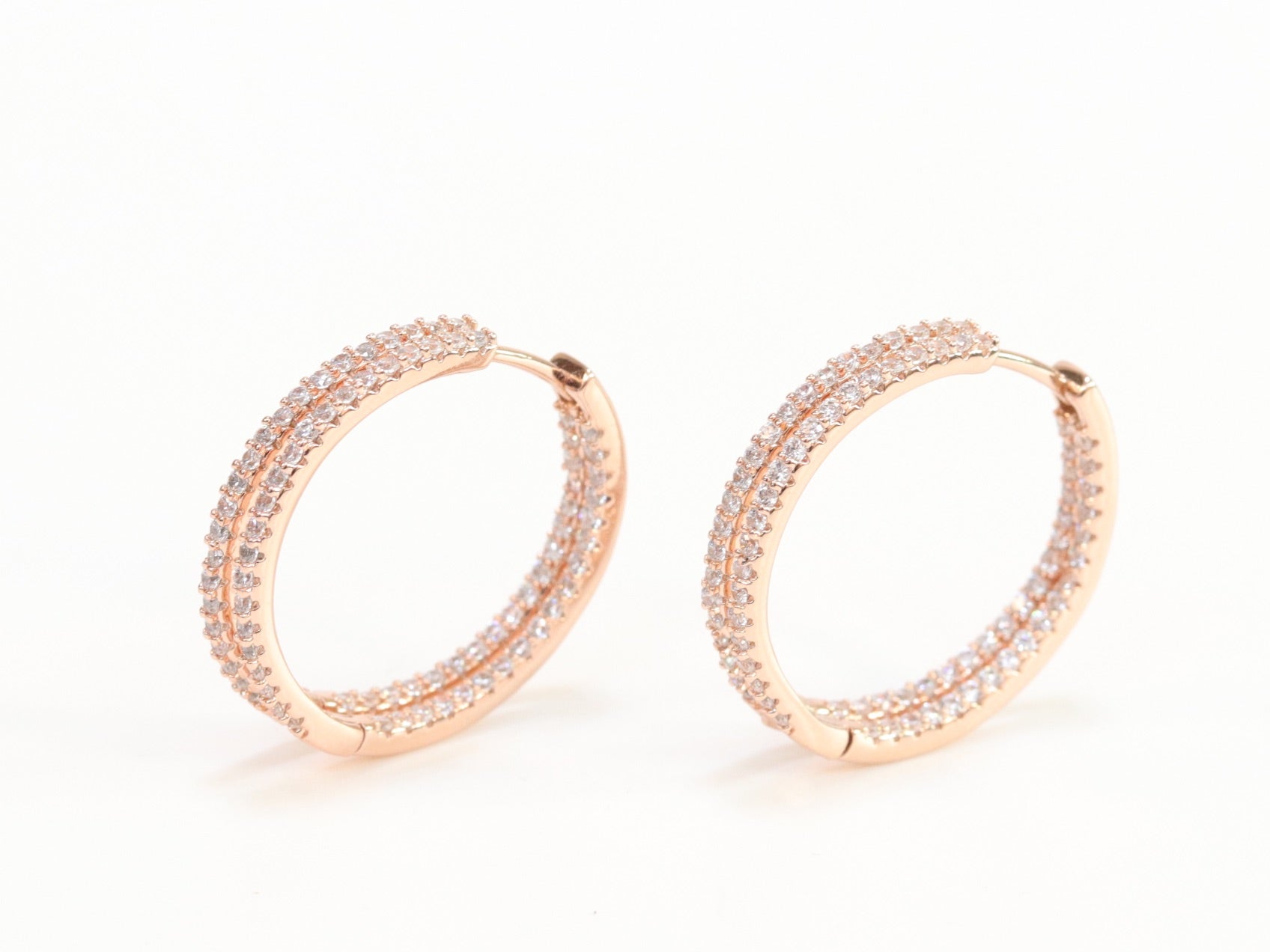 Double layered hoops with CZ in rose gold finish