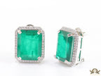 Platinum plated studs with emerald green doublet stone and white cubic zirconia stones lining