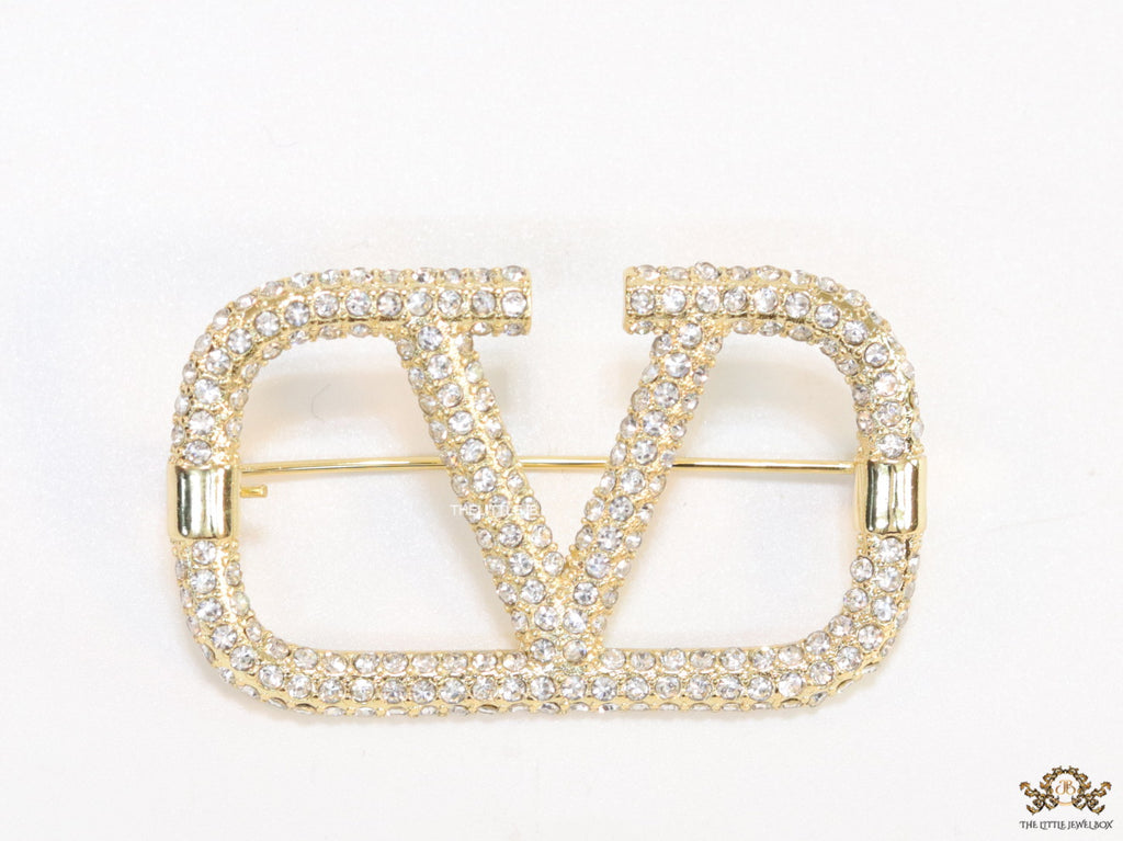 Alphabet V CZ Gold Brooch