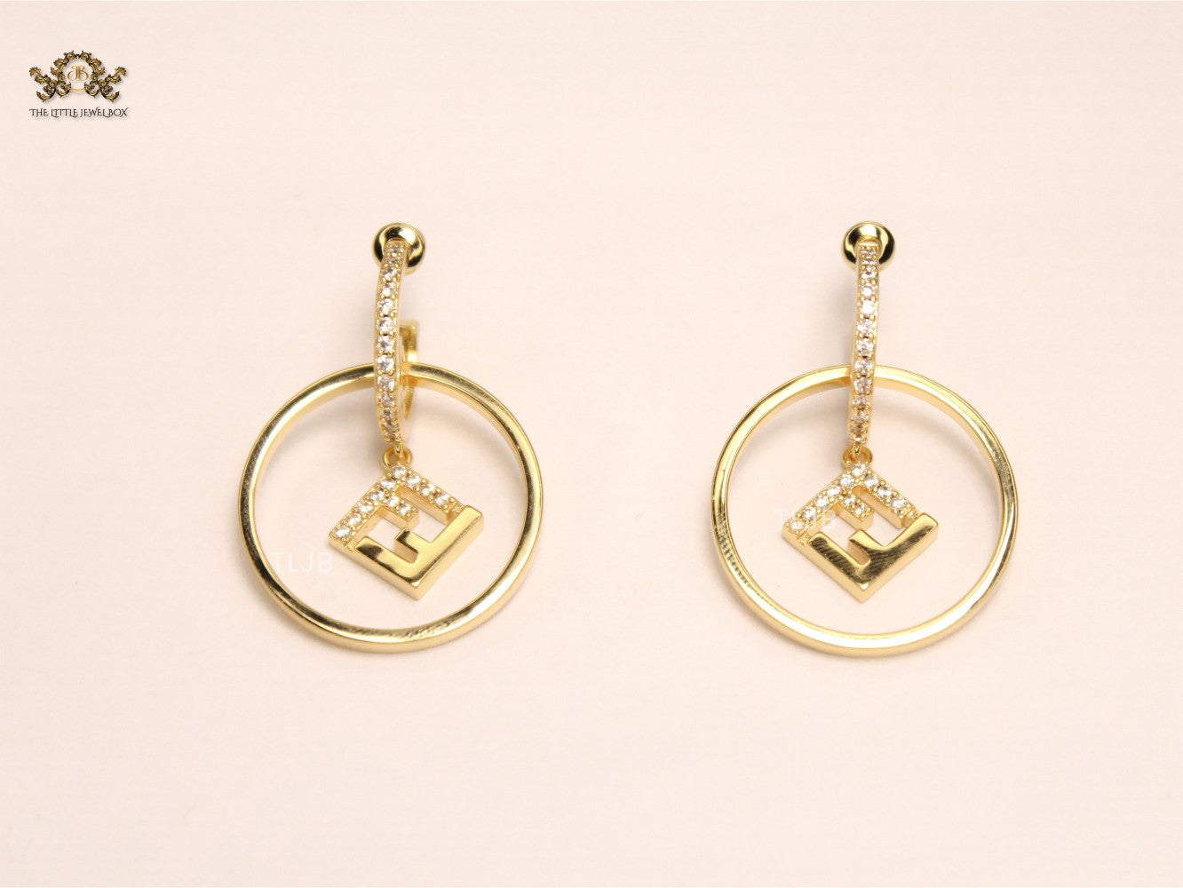 Alphabet F gold and CZ hoop earring
