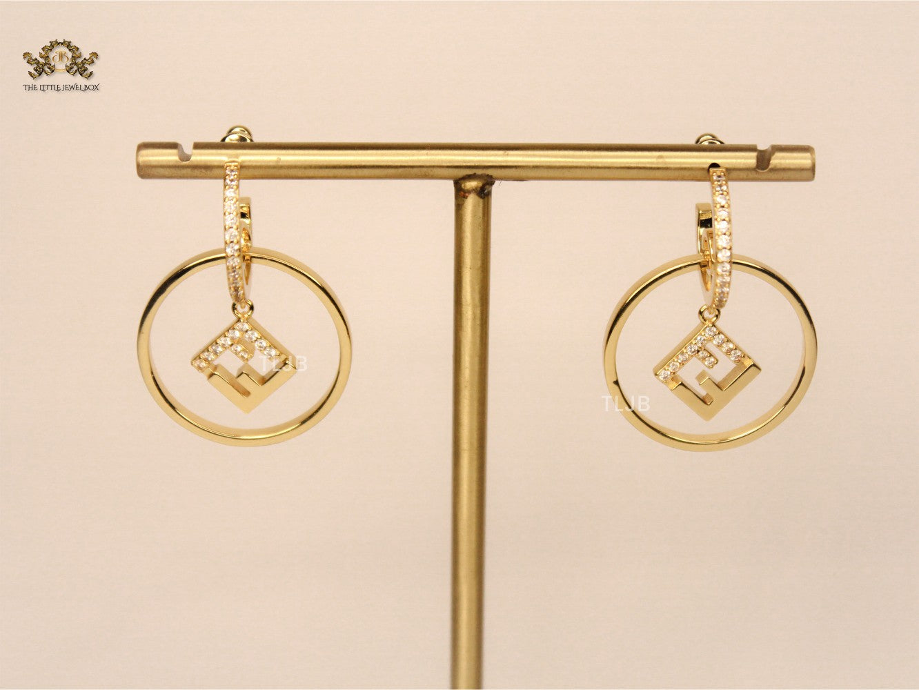 Alphabet F gold and CZ hoop earring