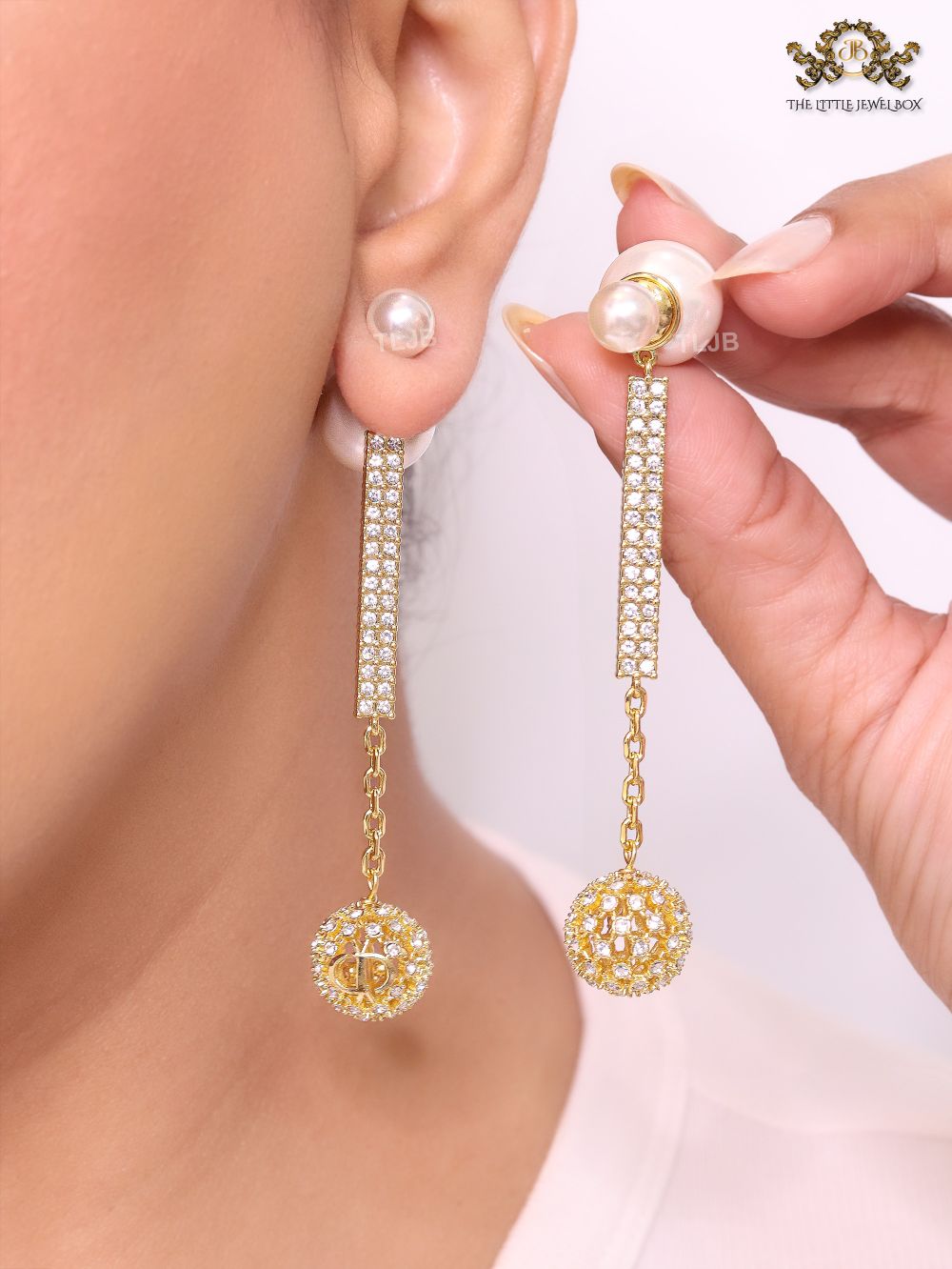 Pearl and cz alphabet long chain bomber style dangles