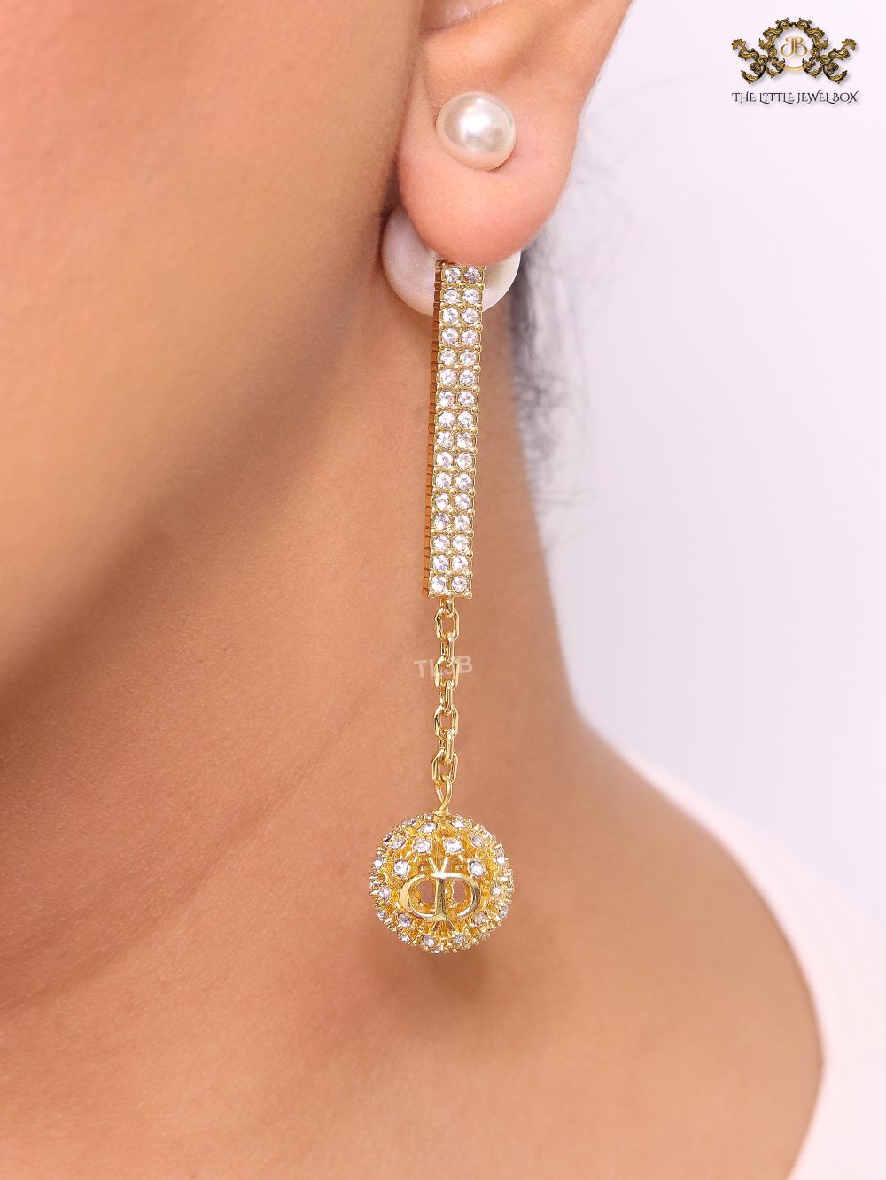 Pearl and cz alphabet long chain bomber style dangles